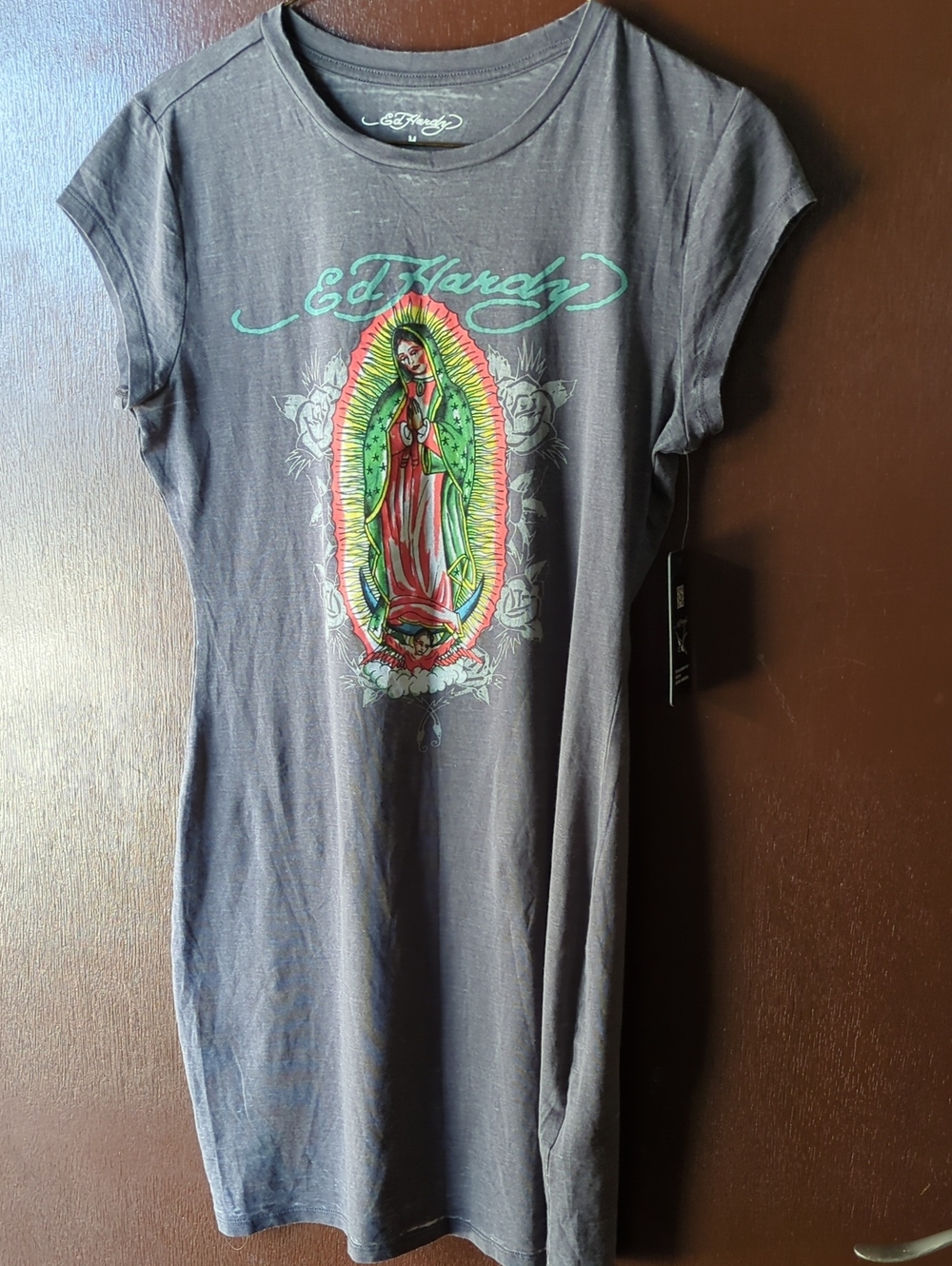 Ed Hardy Black Graphic Virgin Mary Short Sleeve Tee Size M